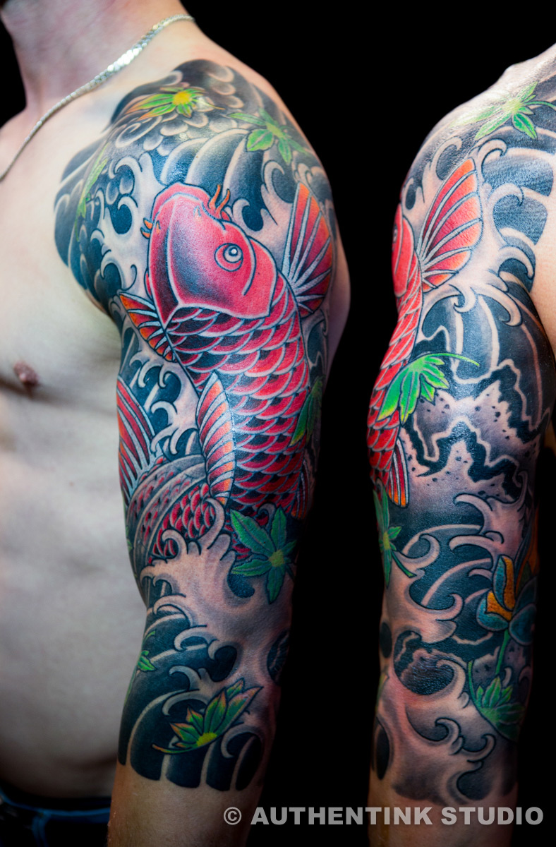 Koi Fish Half Sleeve Tattoos Black and Grey  BARDADIM TATTOO NYC